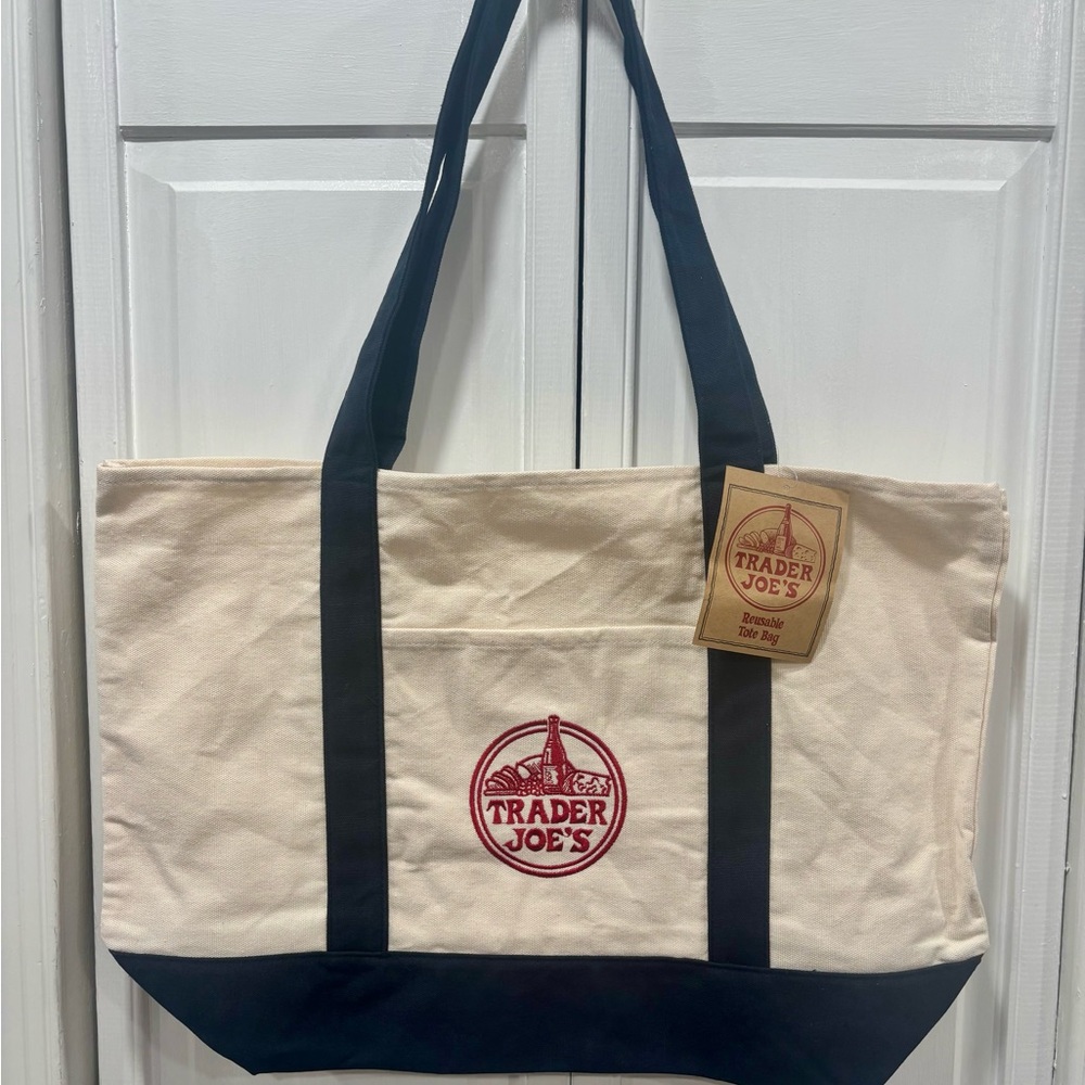 Trader Joe's Large Canvas Tote Bag in Natural with Navy Trim